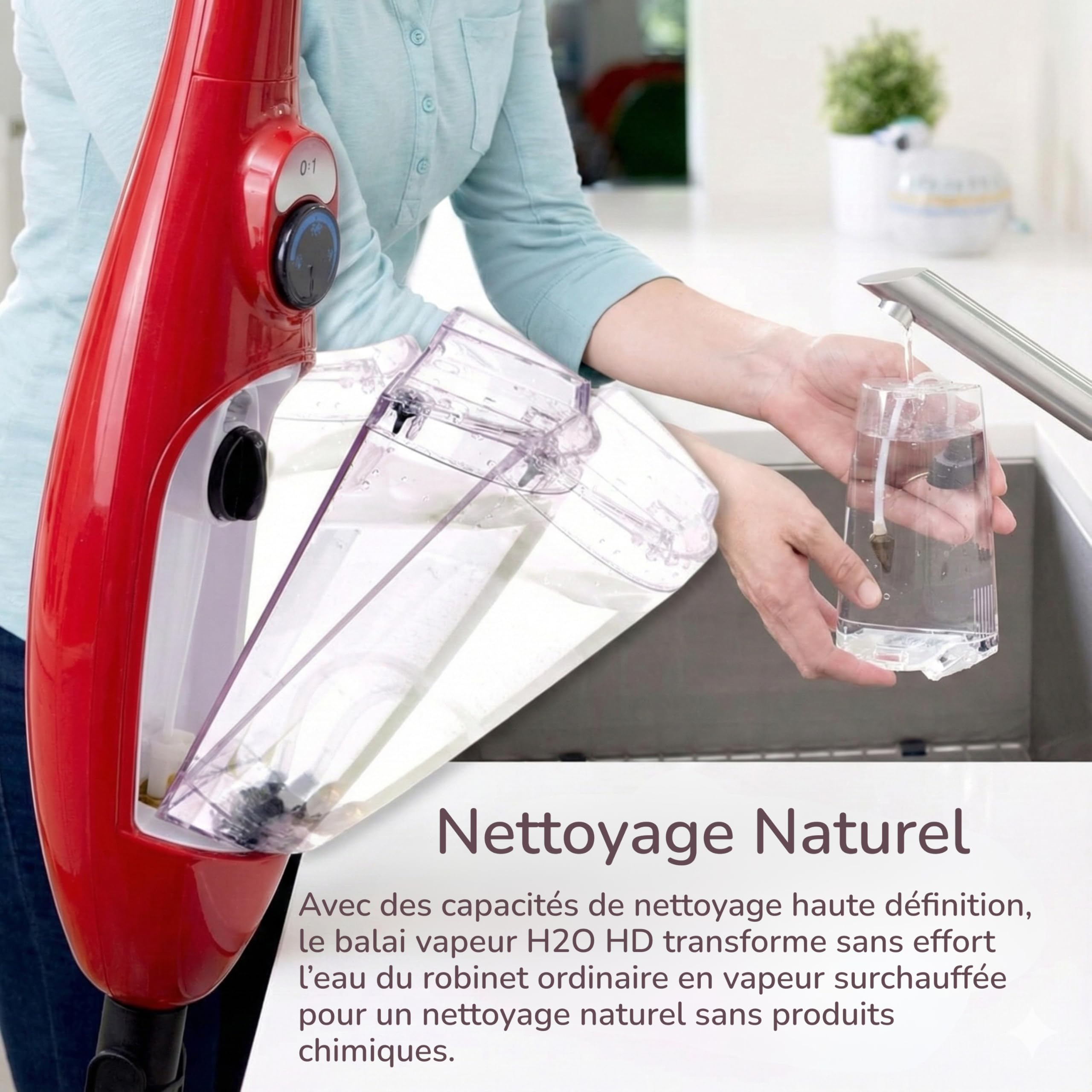 H2O X5+ Balai Vapeur 2-En-1 Et Nettoyeur À Main Rouge – Nettoyage Multi-Surfaces Sols Tapis Vitres – Chauffe En 15 Secondes – Accessoires Inclus