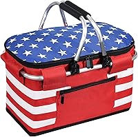 Vista 14 de Cesta de picnic aislada, bolsa enfriadora plegable, cesta de comestibles de 32 litros con tapa, 2 asas resistentes, cesta de almacenamiento