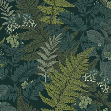 VEELIKE Green Fern Forest Peel and Stick Butterflies Botanical Wallpaper Dark Tropical for Bedroom Bathroom 17.7x118 Removable Adhesive Green Contact Paper