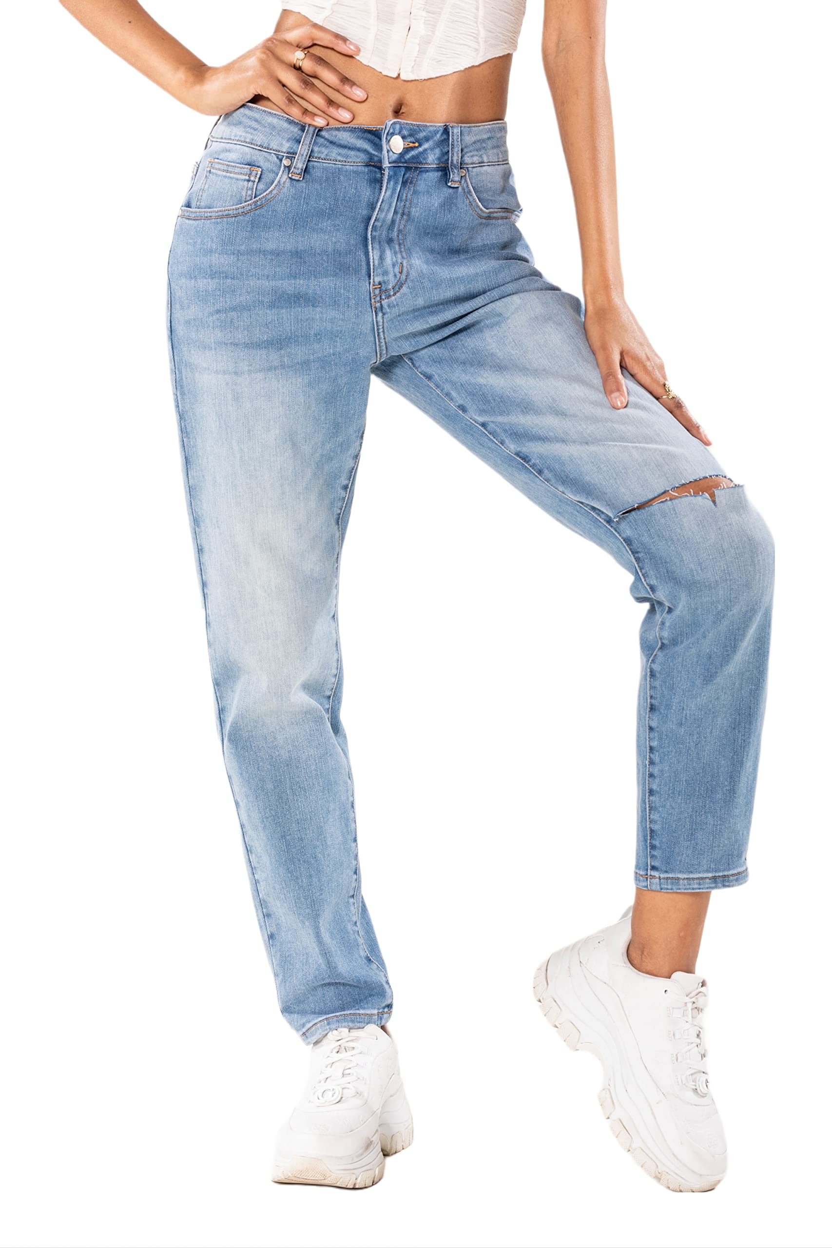 Nina Carter Damen Boyfriend Jeanshosen High Waist MOM Jeans Cutted Knee Used-Look Waschungseffekt