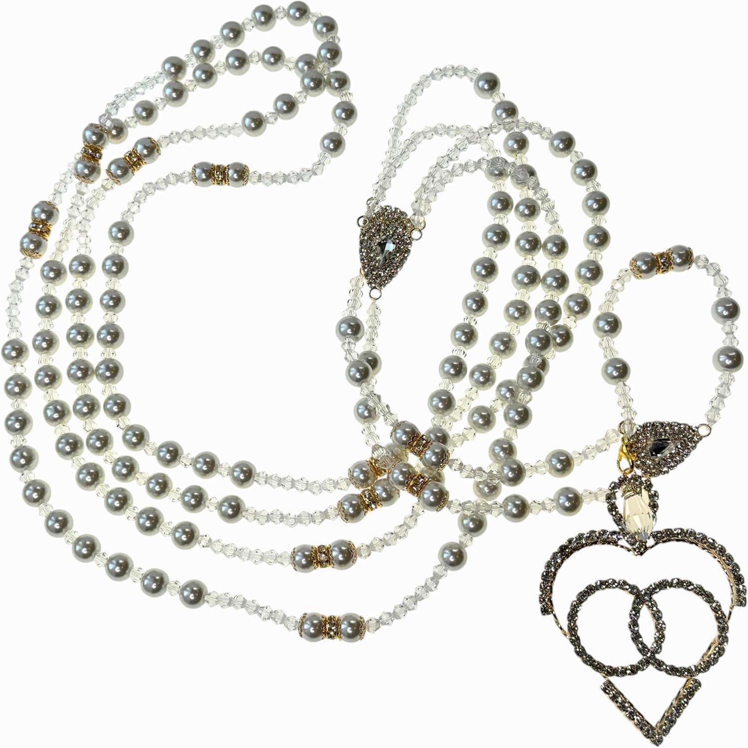 San Joaquin Creations Non-catholic Wedding Lasso Ivory Color Crystal Pearls Gold Plated With Rhinestones Heart/Lazo De Boda No Catolico, Lazo matrimonial sin Imagenes Catolicas en tono oro de14kt
