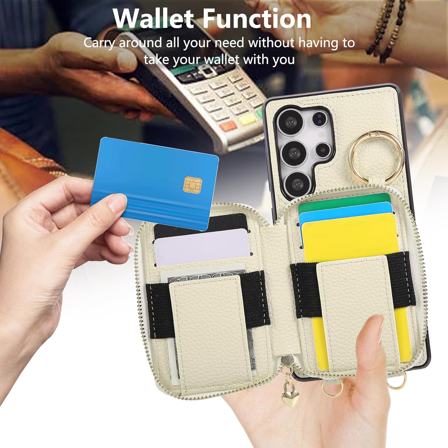 Asuwish Phone Case for Samsung Galaxy S26 Ultra 5G Zipper Wallet Cell Cover with Screen Protector Ring Credit Card Holder Slot Crossbody Strap Lanyard S26Ultra 26S S 26 26Ultra 6.9 2026 Women Beige