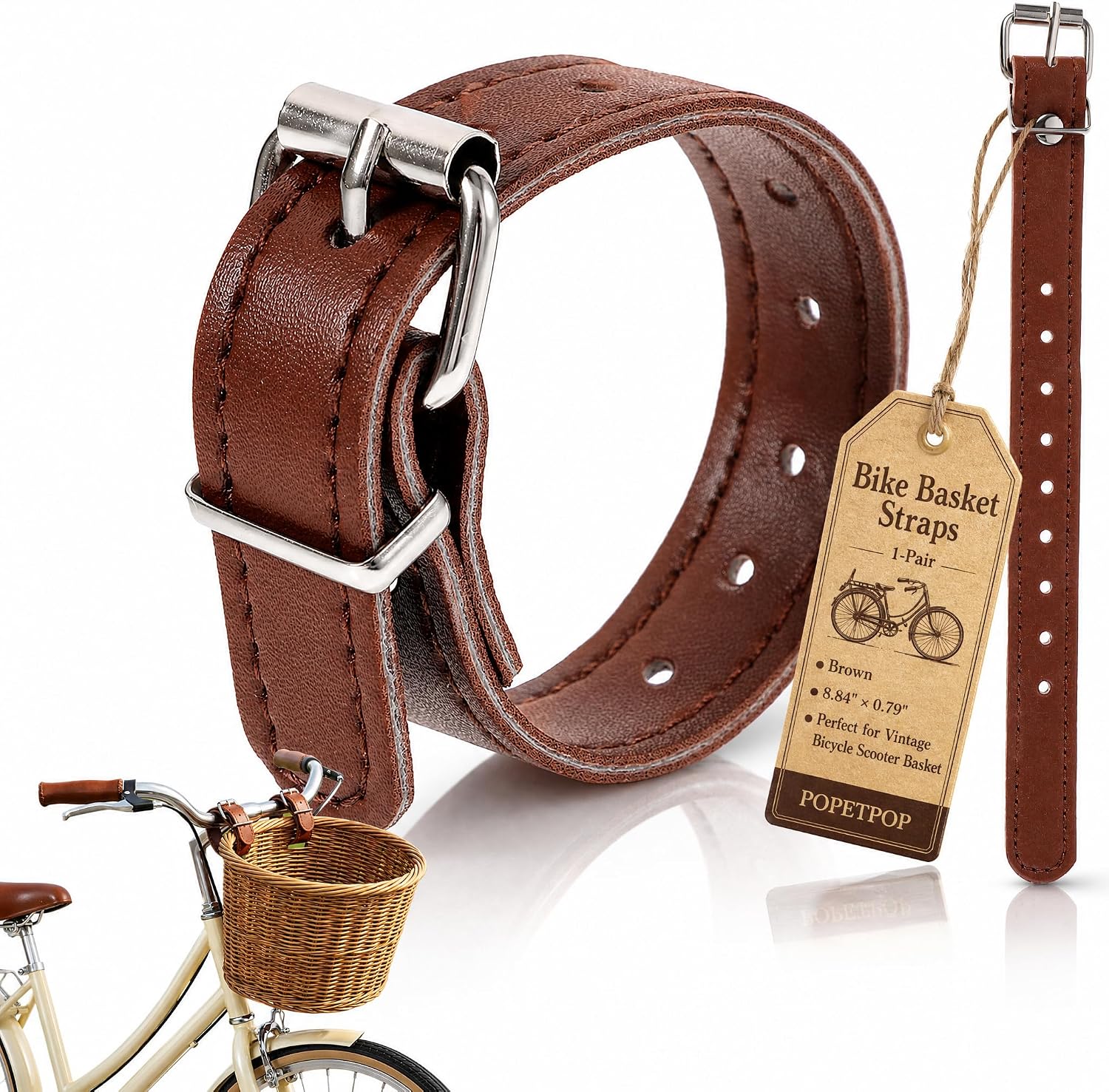 POPETPOP 1 Pair Adjustable Bike Basket Front Strap, Leather Front Bicycle Bike Straps, Bike Replacement Strap