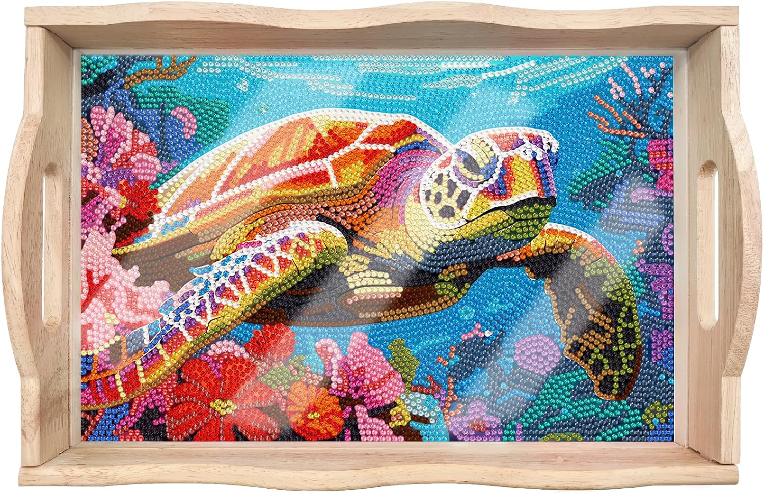 FGbaby DIY 5D Sea Turtle Diamond Painting Wood Serving Tray with Handles Diamond Art Decorative Serving Trays Wooden Tray for Breakfast in Bed, Patio, BBQ, Coffee Table, Party –Great for Lap & Couch