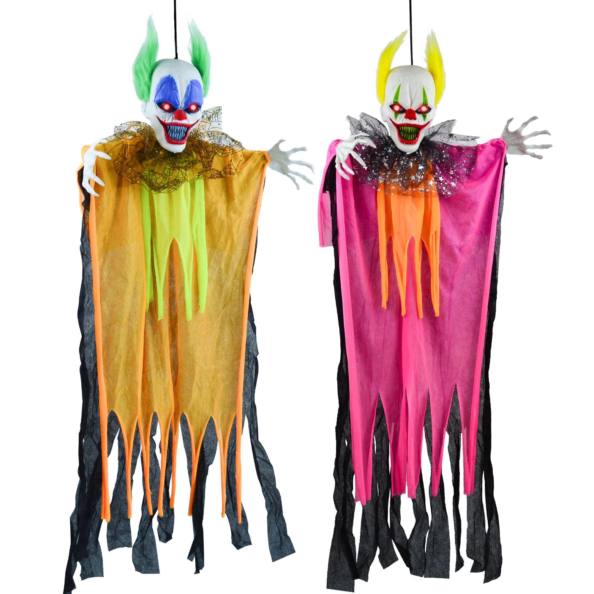 JOYIN 2 Pcs 35.4” Hanging Clown Halloween Decorations Outdoor, Scary Creepy Ghost Decor Party Supplies Light Up Eyes Haunted House Front Porch Door Yard Garden Lawn