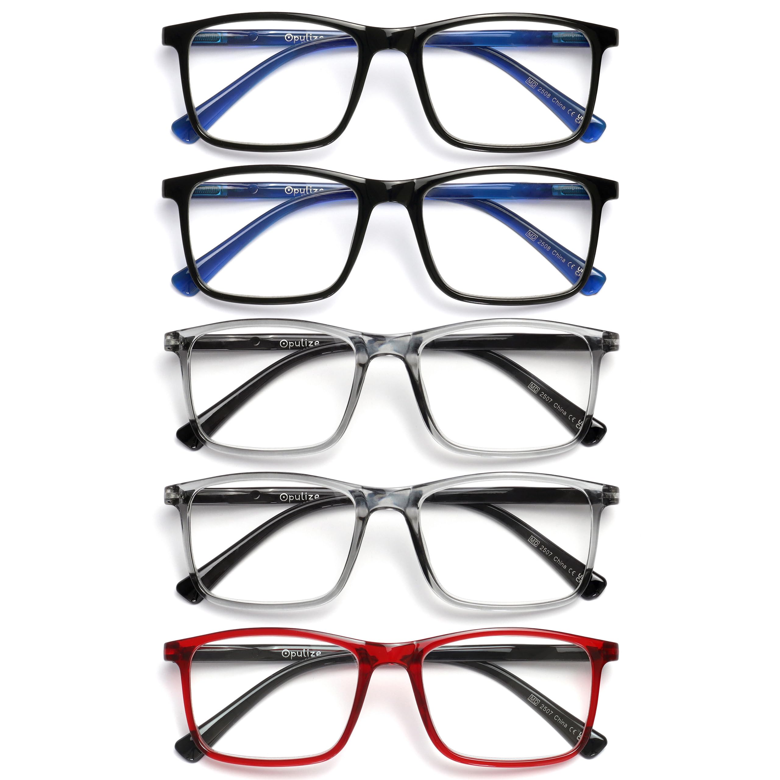 OPULIZE INK Reading Glasses - Value 5 Pack - Large Rectangular Frame - Spring Hinges - Scratch Resistant - Black Grey Red - Mens Womens +2.00
