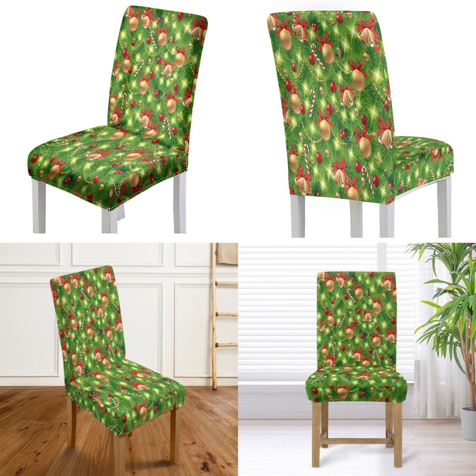 Juego de 6 fundas para sillas de comedor, decoración navideña, campanas verdes, decoración navideña, ajuste universal, fundas para sillas de comedor con dobladillo elástico, protector de