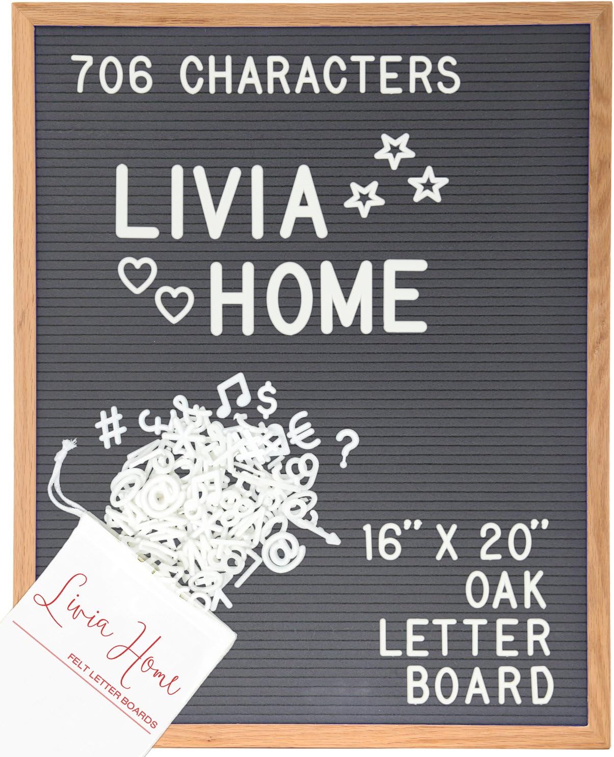 Livia Home Letter Board – Grey Felt Sign with 706 1” and 2” White Plastic Changeable Characters – Large Wooden 16 x 20 inch Solid Oak Frame – With 7x5 inch Canvas Bag - Vintage Display