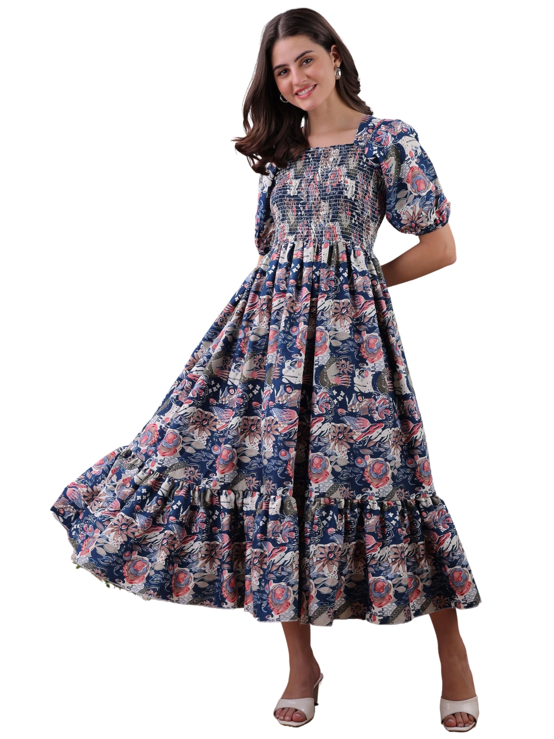 kuduzo Floral Print Maxi Dress, Smocked Bodice, Puff Sleeves, Navy Blue and Pink, Ankle Length-picture-27