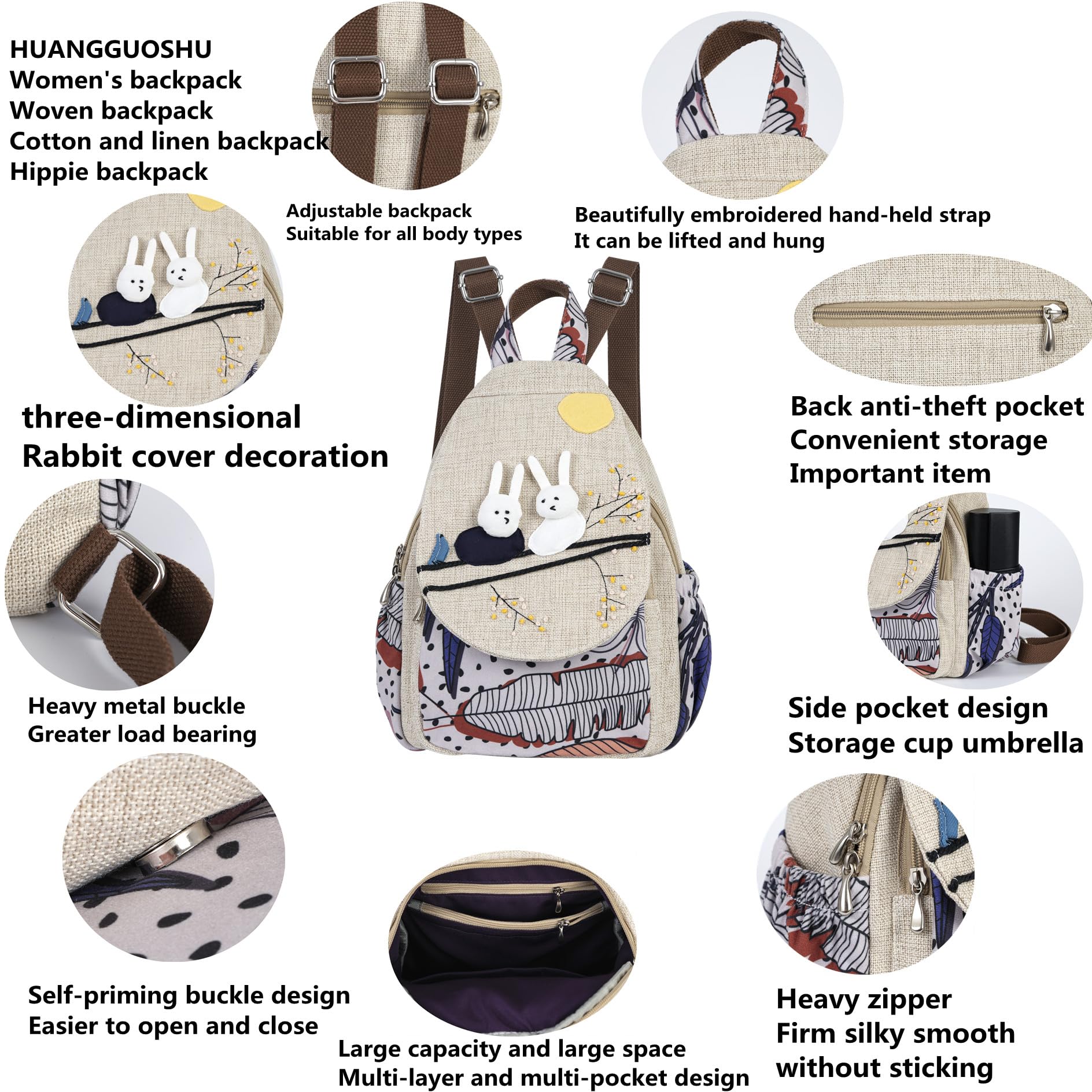Bolso tipo mochila para mujer, estilo bohemio, convertible, pequeño, con diseño de hongos y tejido, hippie, Amarillo, Medium and small size, Mochilas de mochila