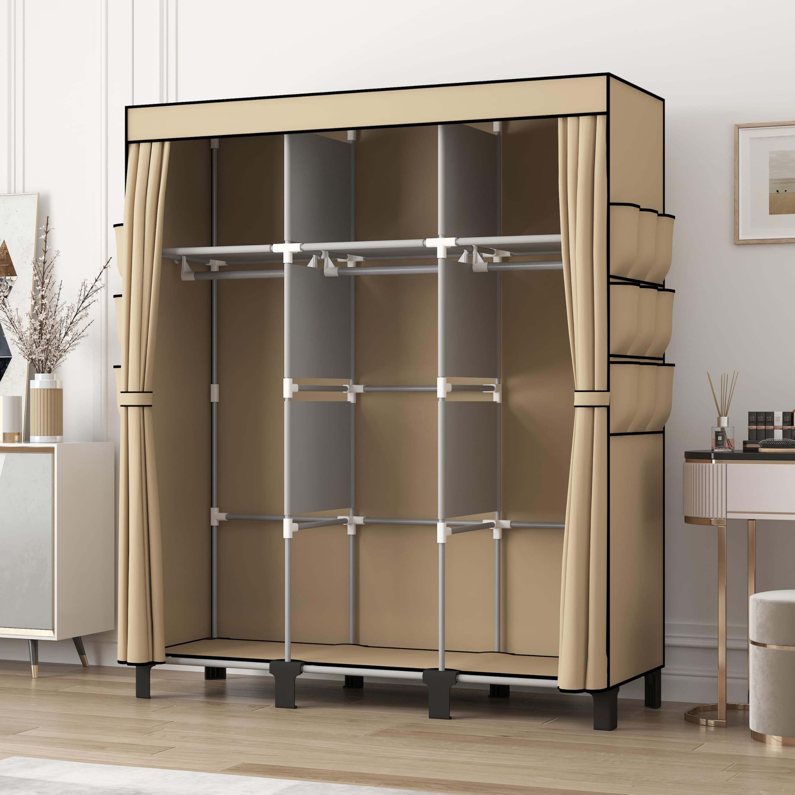 Tragbarer Vlies-Stoffschrank 130x45x170cm faltbar mit 3 Hängebereichen & 18 Seitentaschen (Beige)