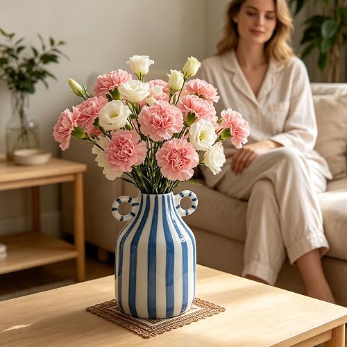 Ceramic Flower Vase with Dual Handles - Coastal Rustic Vintage Table Vases, Home Decorations for Living Room, Kitchen, Bedroom, Office, Shelf & Fireplace (6.3" Blue White Striped)