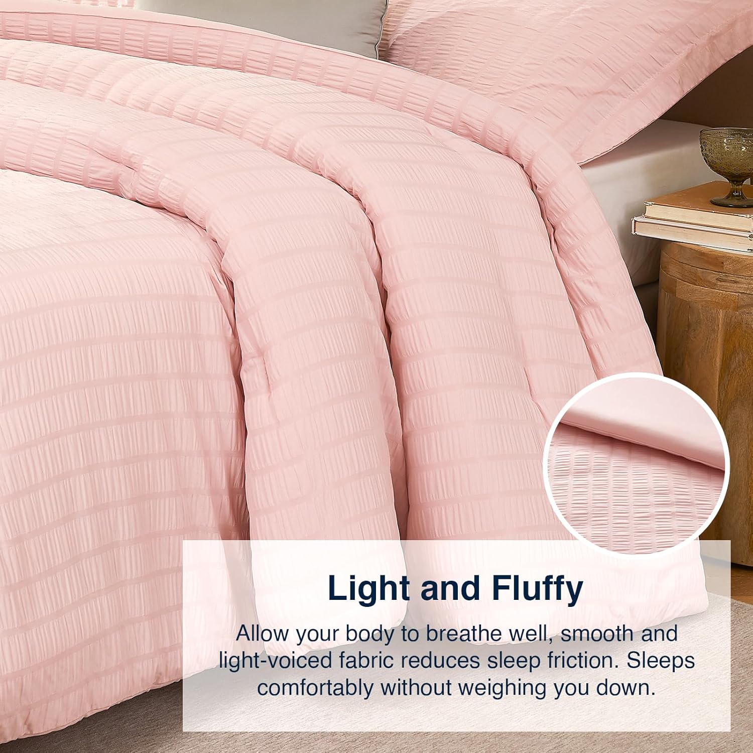 Quataly Pink Twin/Twin XL Comforter Set - 2 Pieces Seersucker Lightweight Bedding Comforter Sets (1 Soft Fluffy Comforter & 1 Pillowcase) - All Seasons Cozy Modern Bed Sets for Women Men