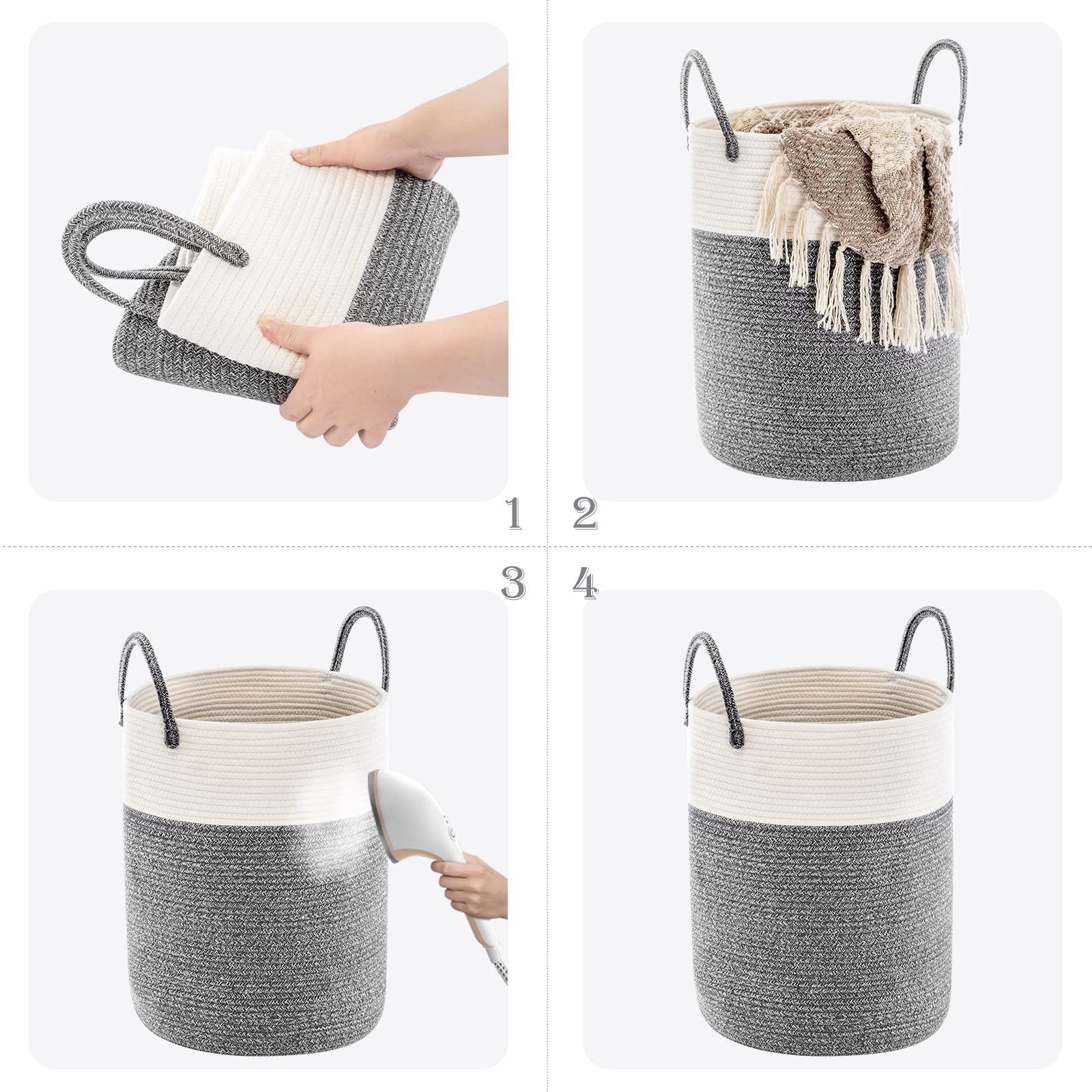 YOUDENOVA Cesto Ropa Sucia de Algodón Cesta Plegable Cesta almacenaje de Cuerda Tejida con asa 58L Gris Oscuro