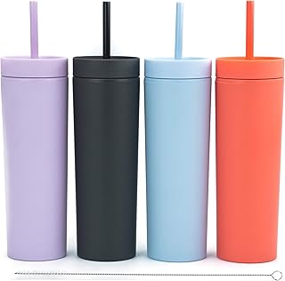 SKINNY TUMBLERS (4 pack) Matte Pastel Colored Acrylic Tumblers with Lids and Straws |16oz Double Wall Plastic Tumblers Wit...