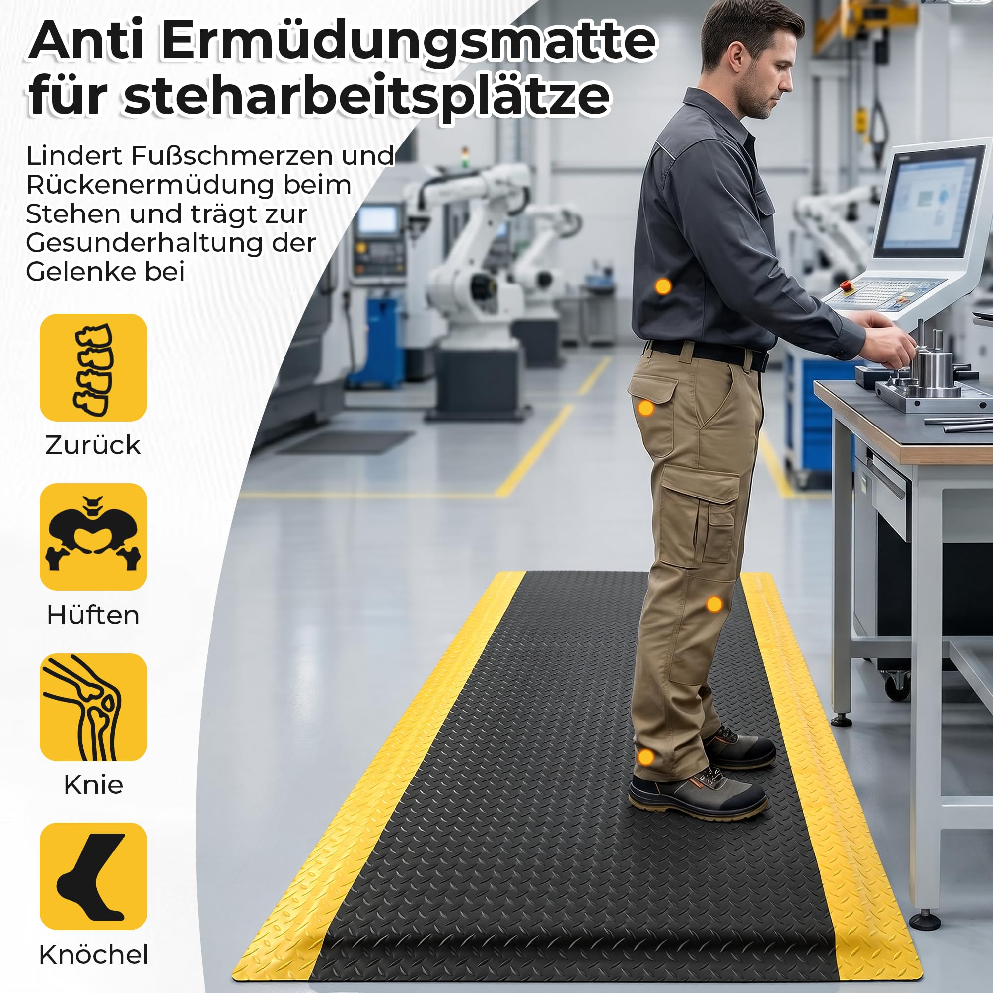 92x152cm Anti-Ermüdungsmatte Ergonomische Arbeitsplatzmatte | Anti Fatigue Stehmatte Komfort Antimüdigkeitsmatte für Steharbeitsplätze, Küche, Werkstatt und Fließband (Schwarz-gelb)