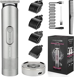PRITECH Beard Trimmer for Men - Rechargeable Men's Electric Trimmer & Razor, Cordless Body Groomer for Face, Neck, Groin & Manscaping, Includes Standing Charging Dock, Ideal Gift for Men, Gray