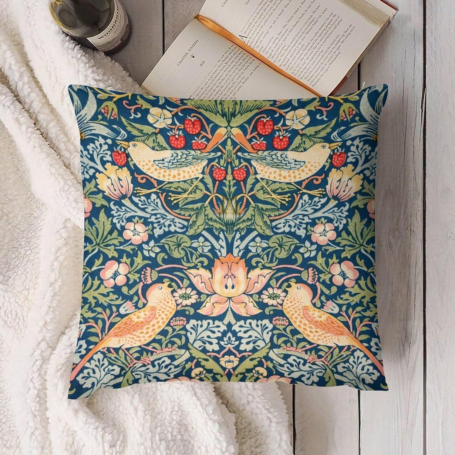 William Morris Botanical Pillow Covers Green Strawberry Thief Floral Vintage Floral Pattern Print for Living Couch Bedroom Office Sofa Balcony Party Car Decoration 2 Set of 16x16in image 4