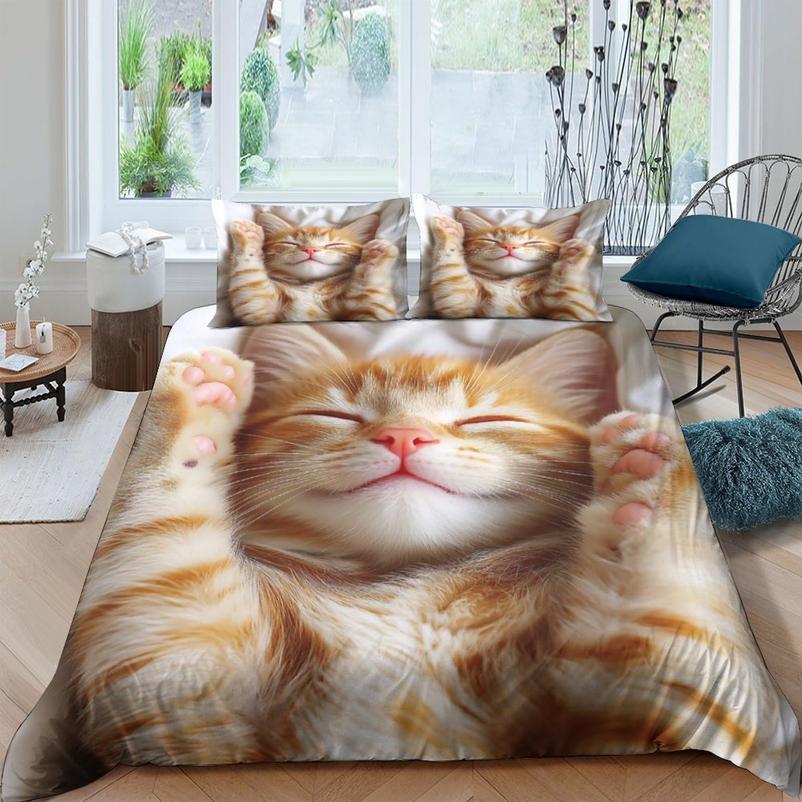 Ctjqhvkz Style-8 3D Printed Orange Tabby Cat Fitted Sheet Microfiber Soft Breathable Sleeping Kitten Bed Cover For Bedroom Guestroom Decor Single（135X200cm）