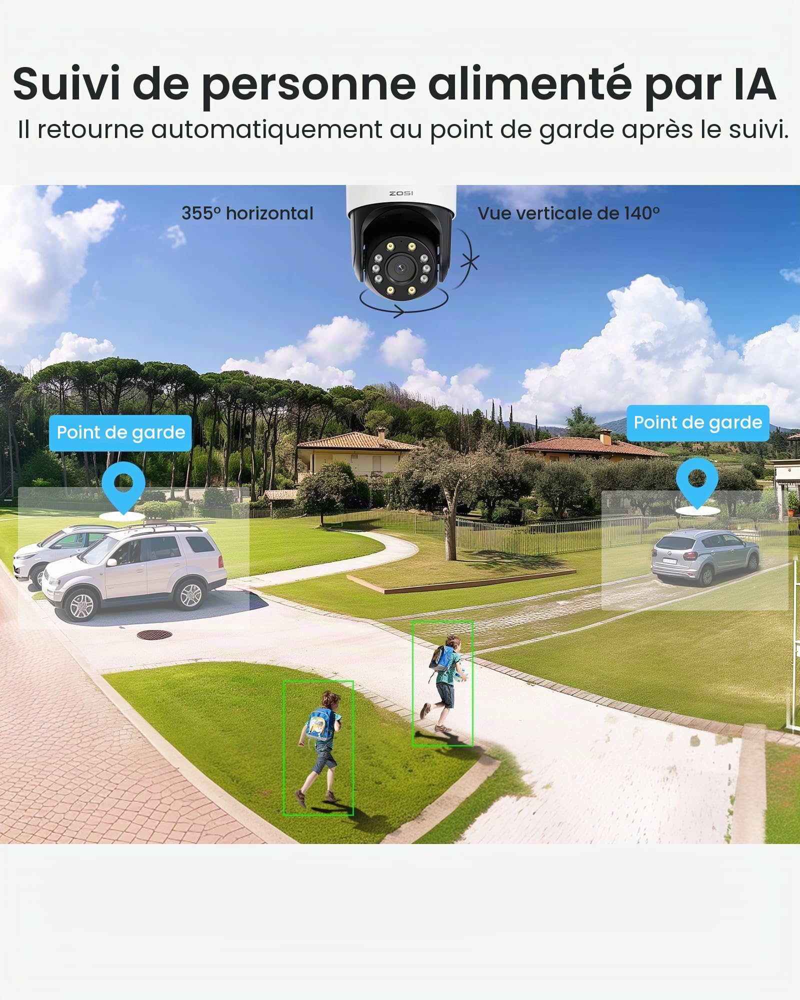 ZOSI C298 PT Caméra Surveillance WiFi Extérieure 4MP Duo Objectif Vue 360° | Pan et Tilt 360° Vision Nocturne en Couleur, Suivi Automatique, Détection Personne/véhicule