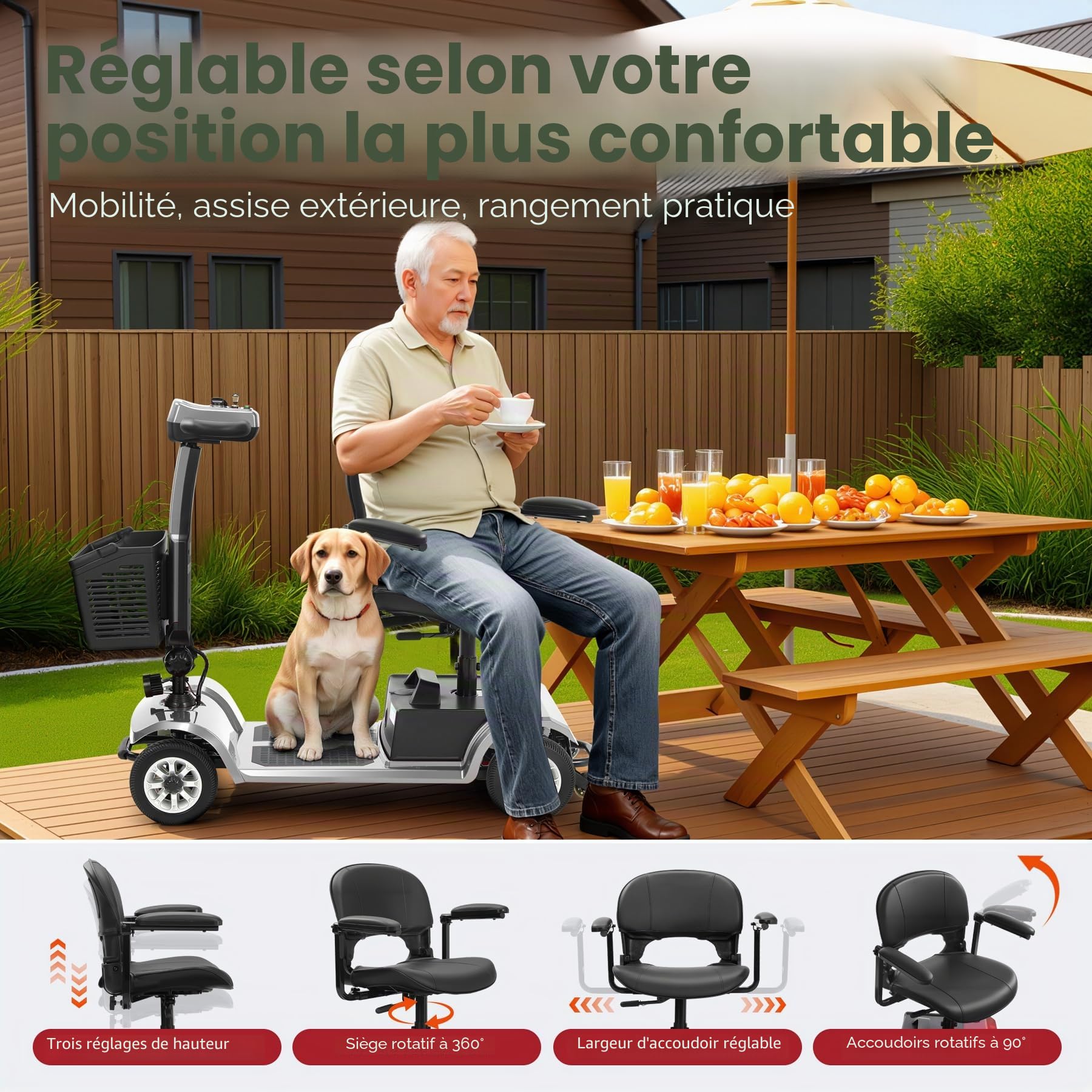 Scooter électrique pour seniors 22 km Scooter pliable à 4 roues avec panier Batterie légère Capacité de charge jusqu'à 190 kg Scooter électrique