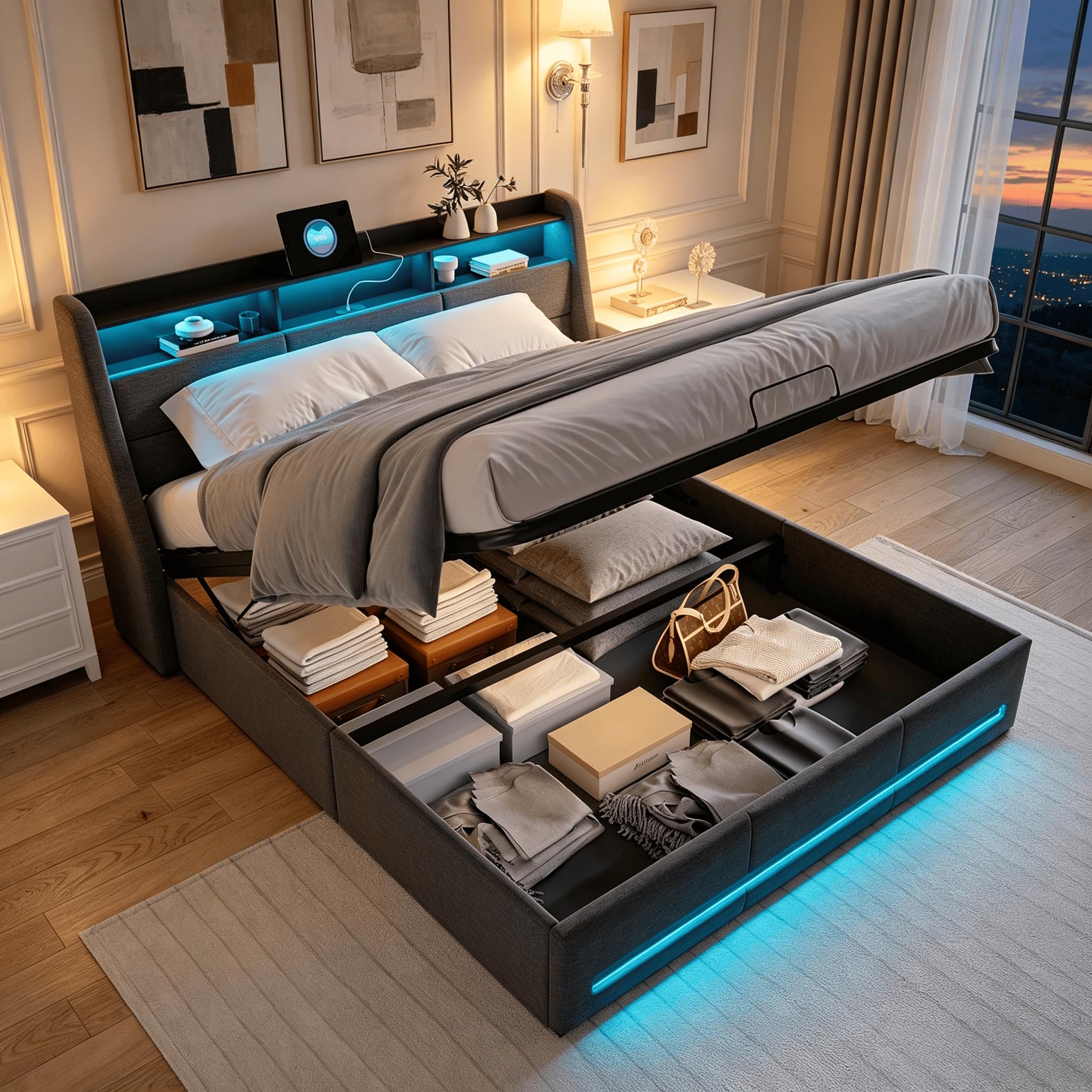 BRILVERDE Cama Canapé 160x200 cm en Lino Beige con LED y Puertos USB/USB-C, Gran Almacenaje, Cabecero con Estantes, Somier de Láminas, Cama Doble Adultos y Jóvenes