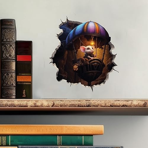 Miniatura 2 de Steampunk Mouse in Flying Machine Mouse Hole - Calcomanía de pared 3D con agujero de ratón