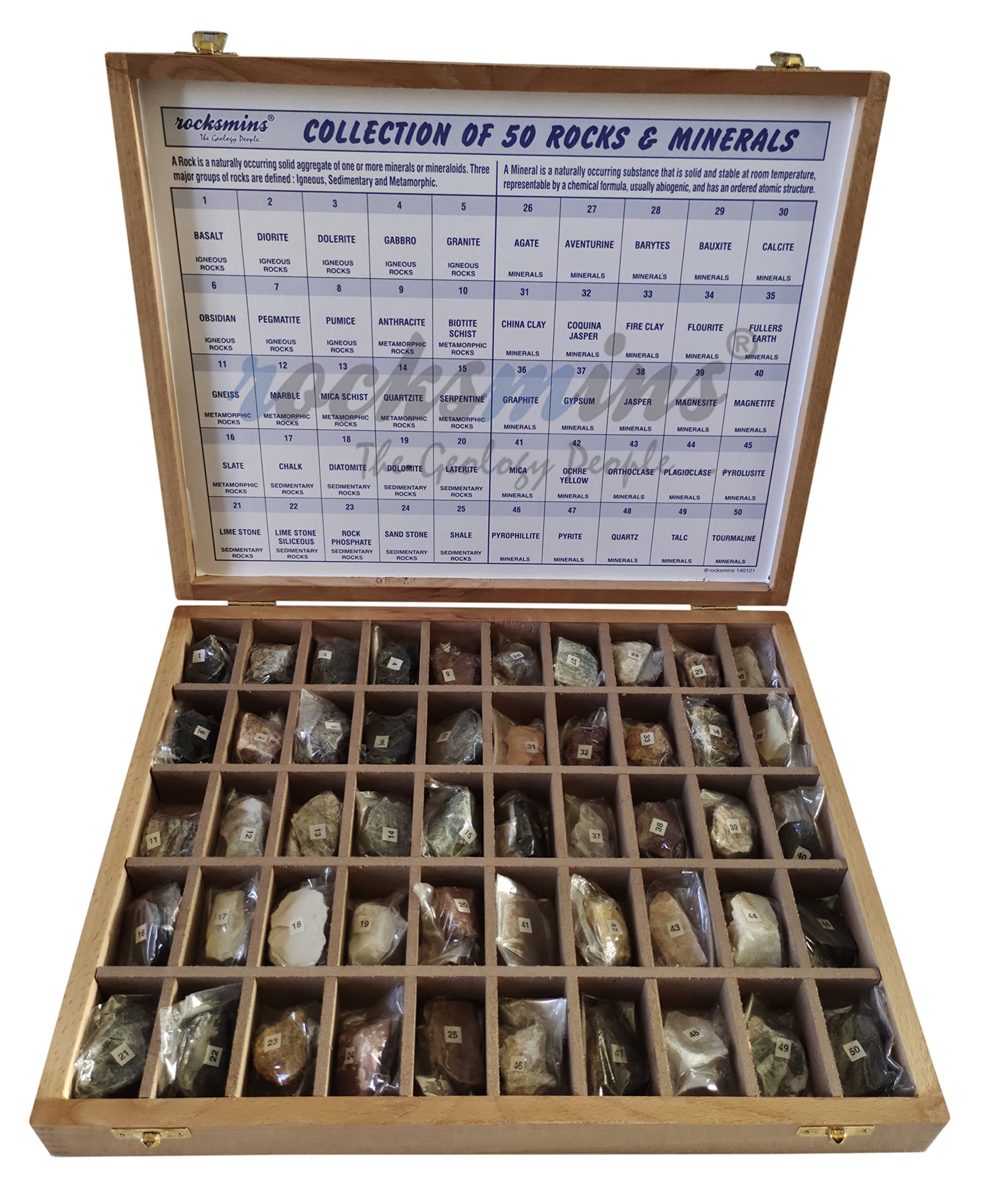 Rocksmins RM50WB-Export-SC Collection of 50 Rocks & Minerals (25 Rock+25 Mineral) in a Export Quality Steam Beach Wood Wooden Box Big Specimen Igneous Sedimentary Metamorphic Geology Kits for Study