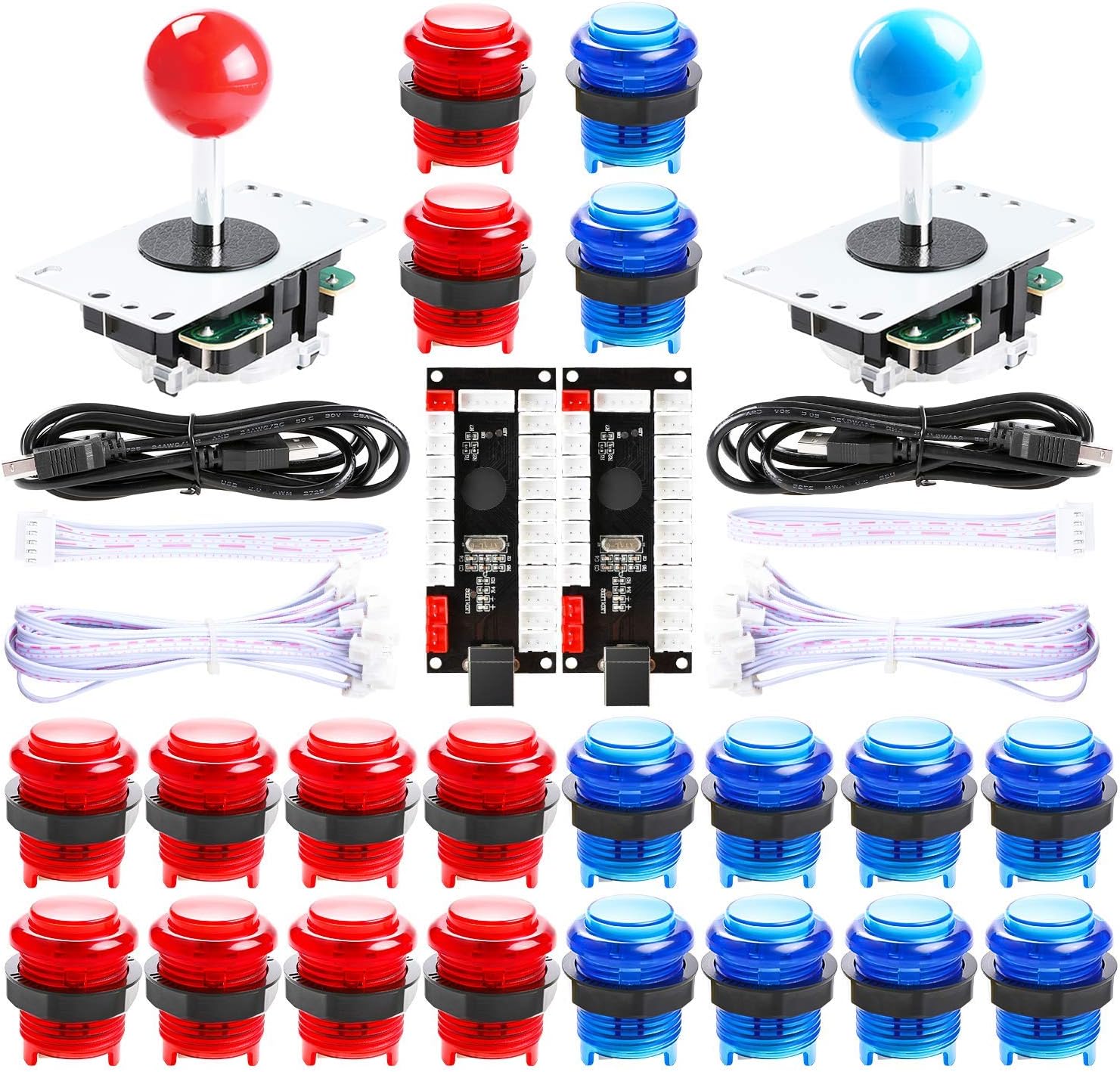 Qenker 2 Player LED Arcade DIY Parts 2X USB Encoder + 2X Joystick + 20x LED Arcade Buttons for PC, MAME, Raspberry Pi, Windows (Red & Blue Kit)