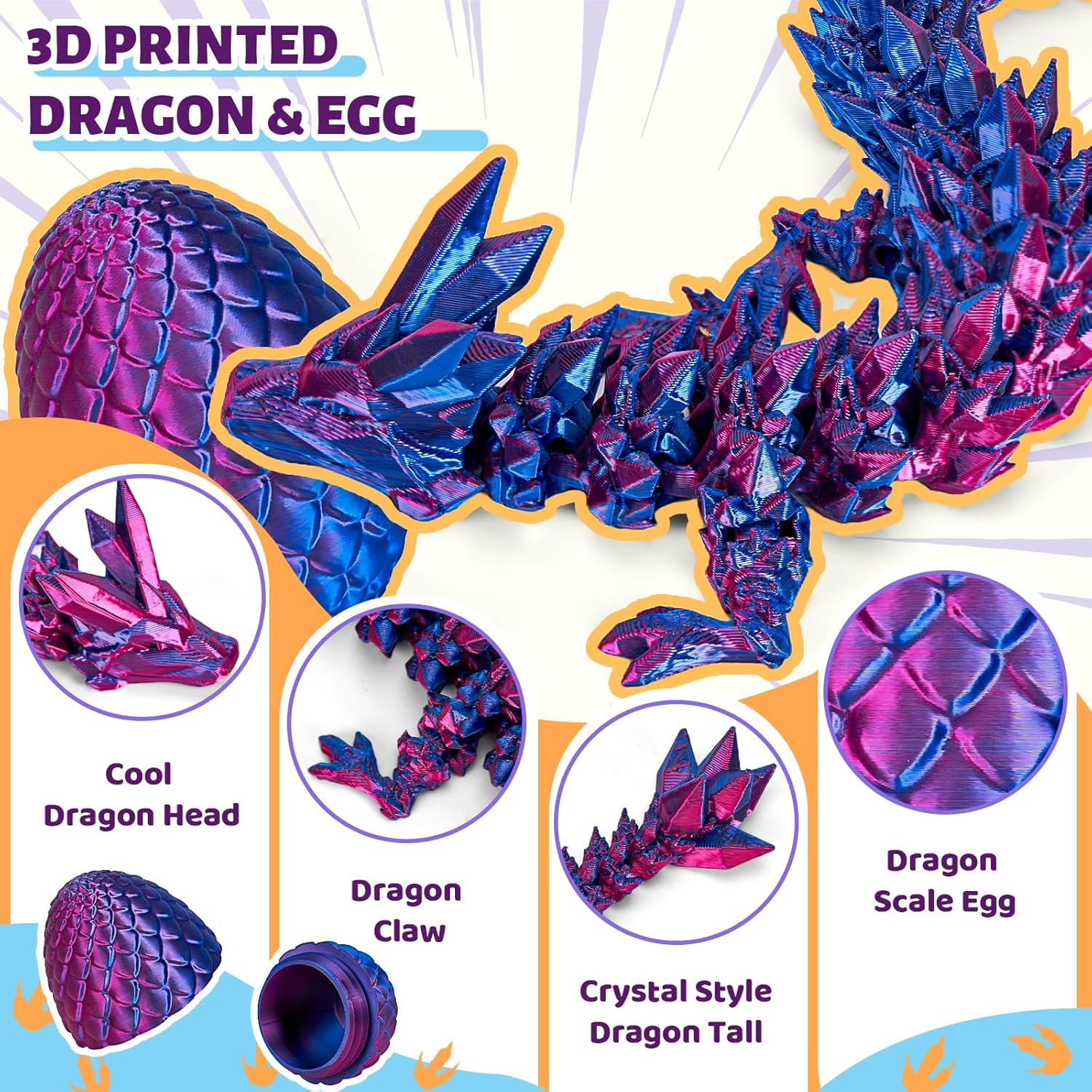 Cessfle 12" Prefilled Easter Dragon Eggs with 3D Printed Dragons Inside, 3D Printer Articulated Crystal Fidget Toy, Easter Basket Stuffers for 5-7 4-6 8-12 Year Old Boys Kid Teen Girls Adult