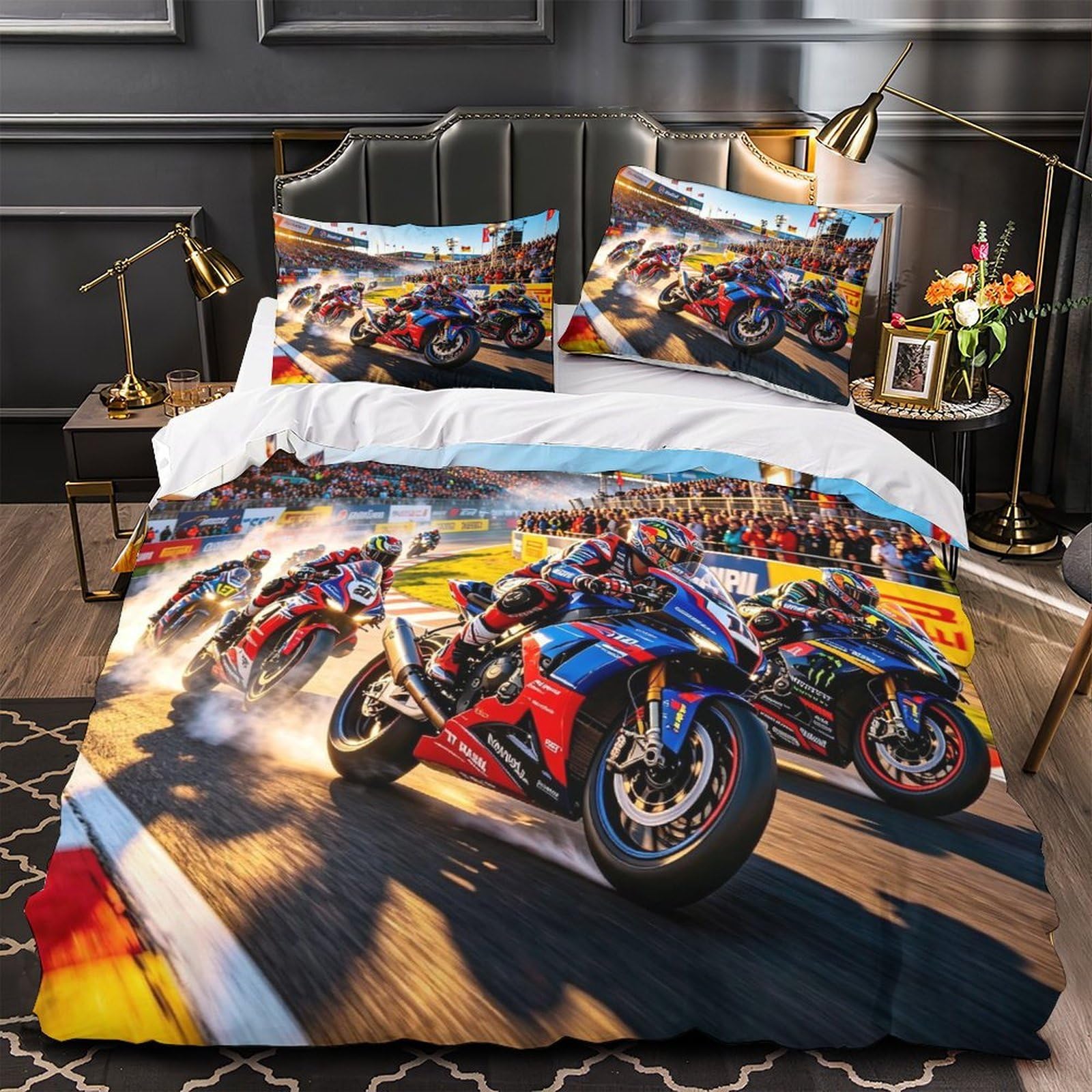 DAFUfbw Motor Road Racing Warmth Bedding Set Hidden Zipper Duvet Cover with Pillowcases Motorcycle Race Quilt Cover Soft Microfiber Comforter Cover Super King（260x220cm）