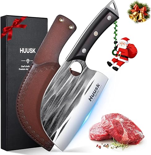 Huusk Cuchillo de chef serbio mejorado, cuchillo de carnicero forjado con funda, cuchillo de carne japonés para cortar carne, cuchillos de corte