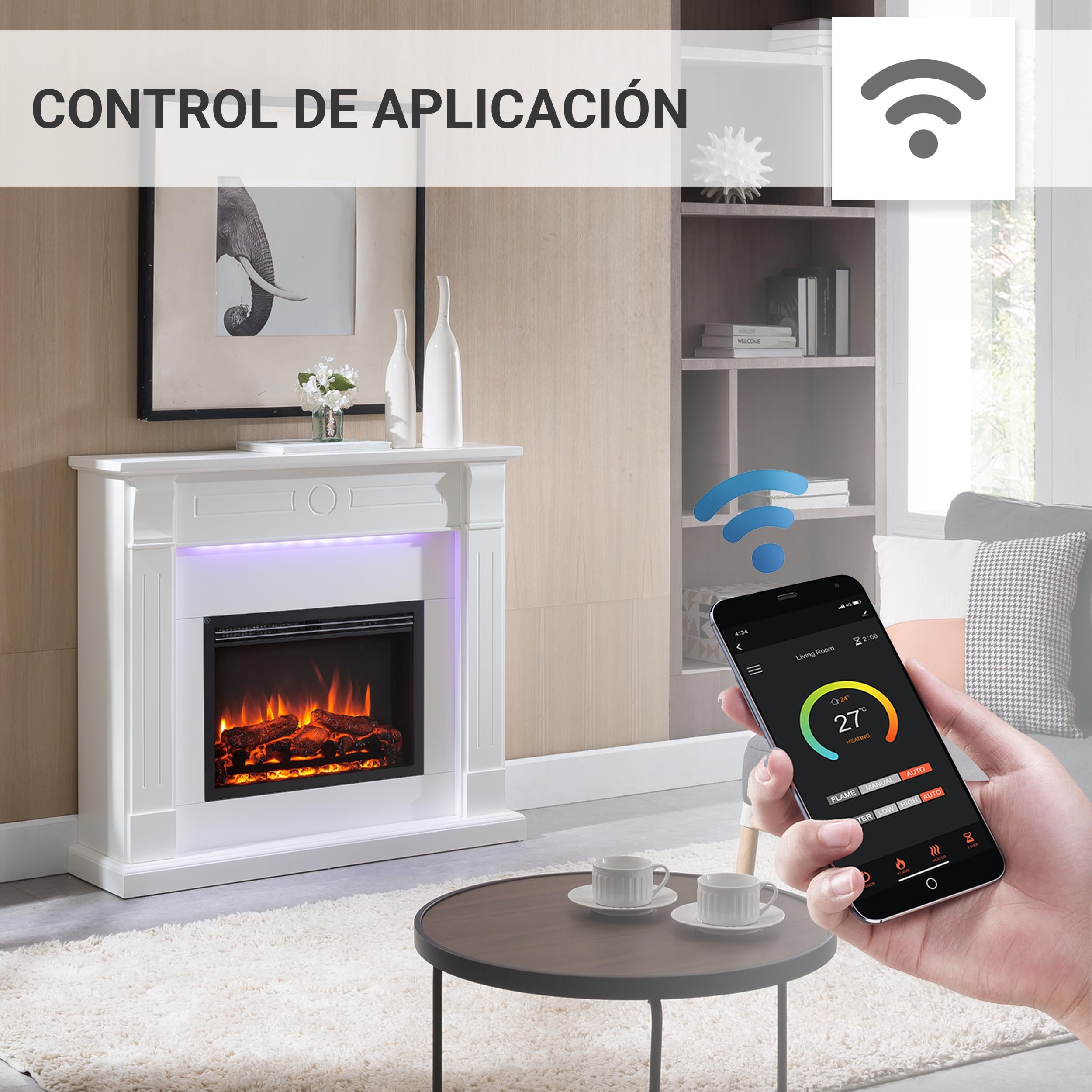 BALDERIA Hikaru - Chimenea eléctrica, Blanco, calefacción 2000 W - Blanco | Efecto de Llama 3D, iluminación LED, crepitación, Control de Aplicaciones, WiFi, Control Remoto, Temporizador, termostato
