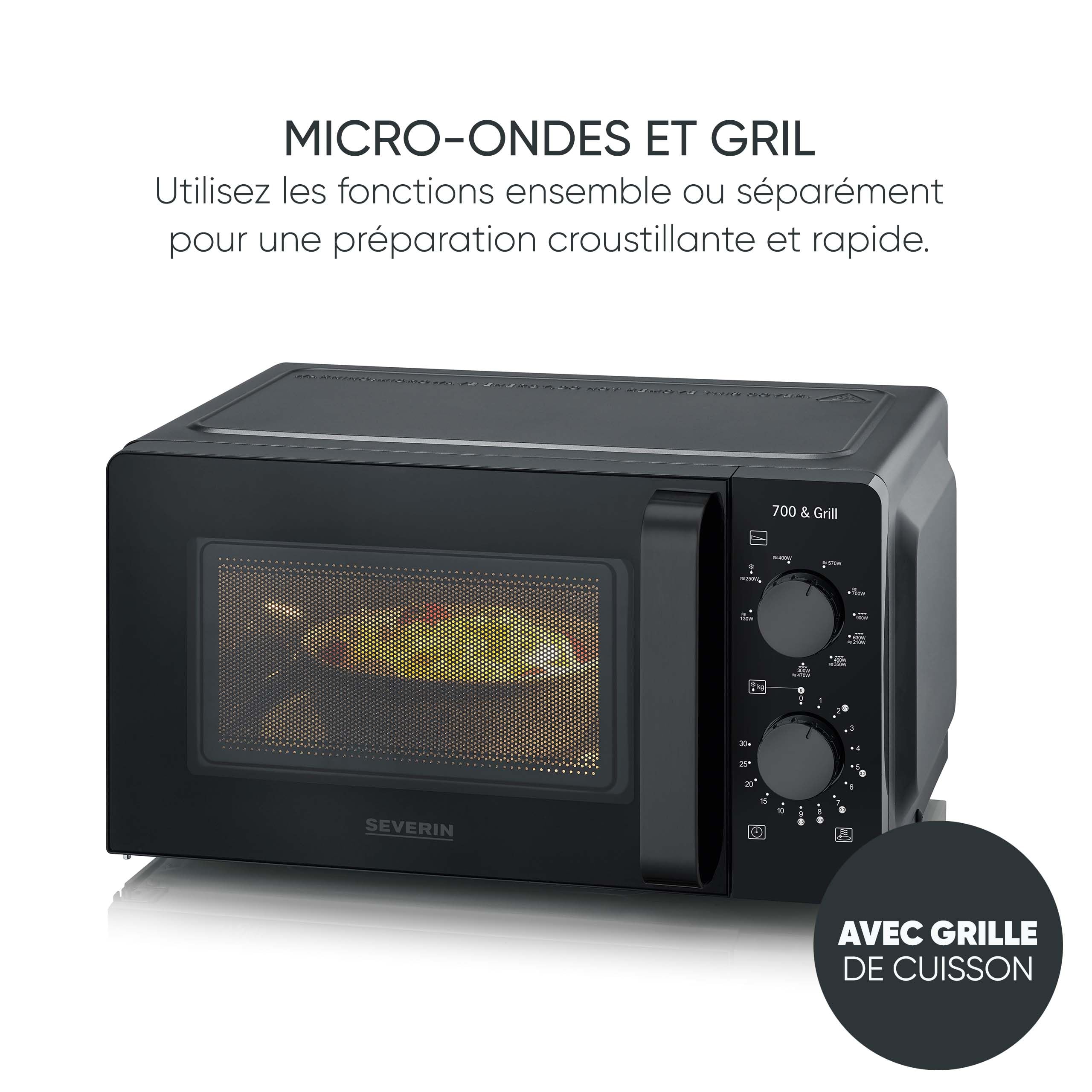 SEVERIN Four Micro-ondes, Gril 900W, 19 L, 9 niveaux de puissance, Minuteur 30 min, Plateau tournant amovible (Ø24,5cm), Noir, MW 9182