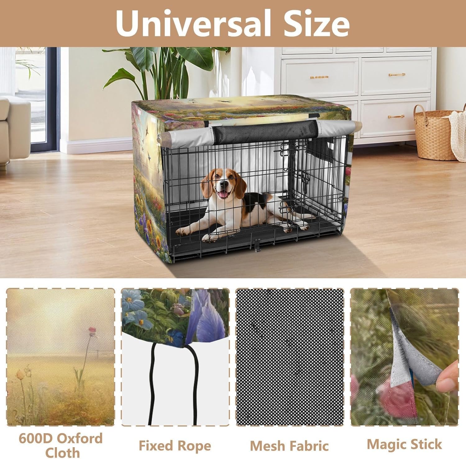 Summer Beautiful Flowers Dog Crate Cover Universal Size Fit, Pet Crate Cover with Roll-up Sides, X-Large
