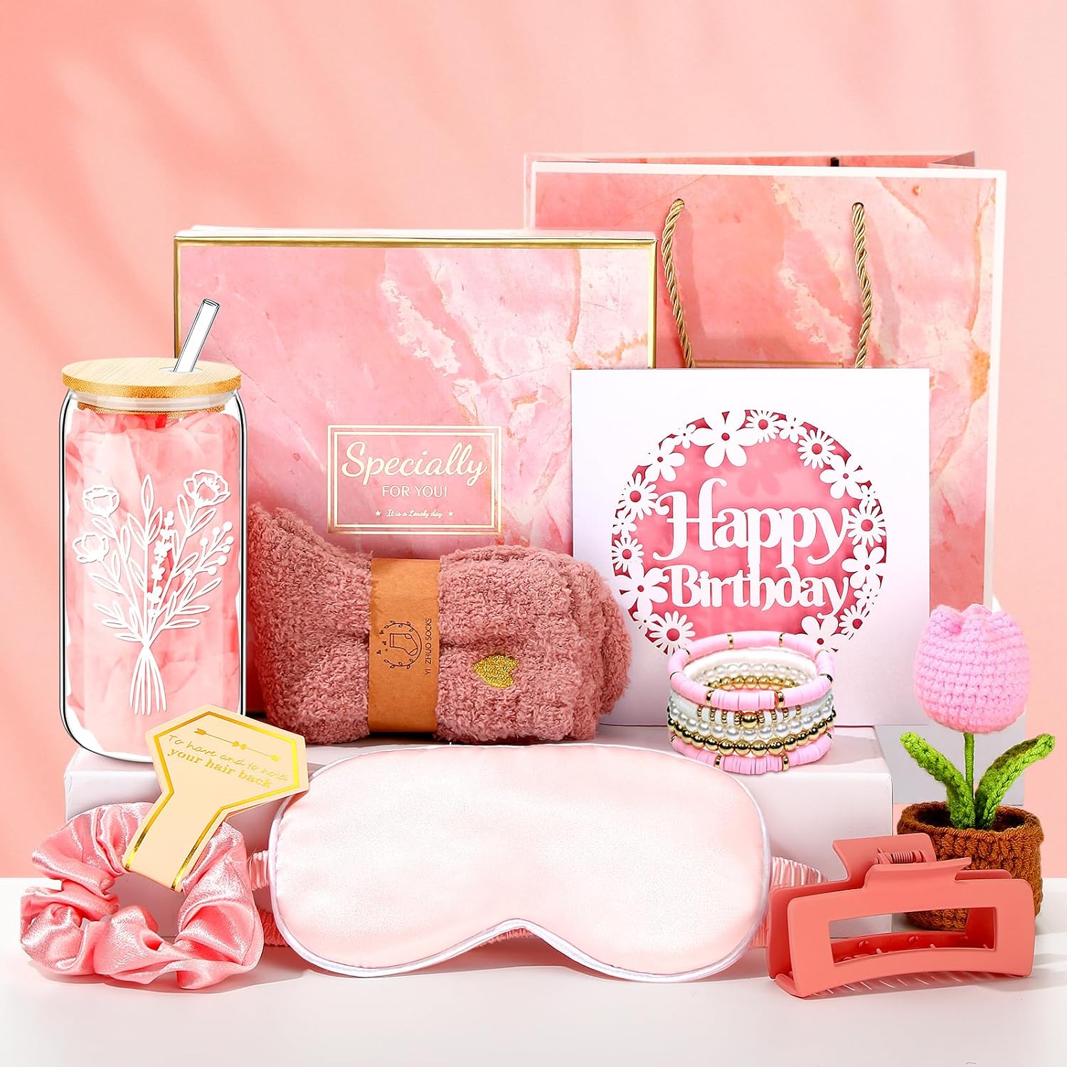 Suncalla 10 Pcs Birthday Gifts for Women Happy Birthday Gift Basket for Her Girlfriend Mom Wife Sister Daughter Aunt Friends Bestie Coworker, Self Care Package Bday Ideas Glass Cup(Pink)