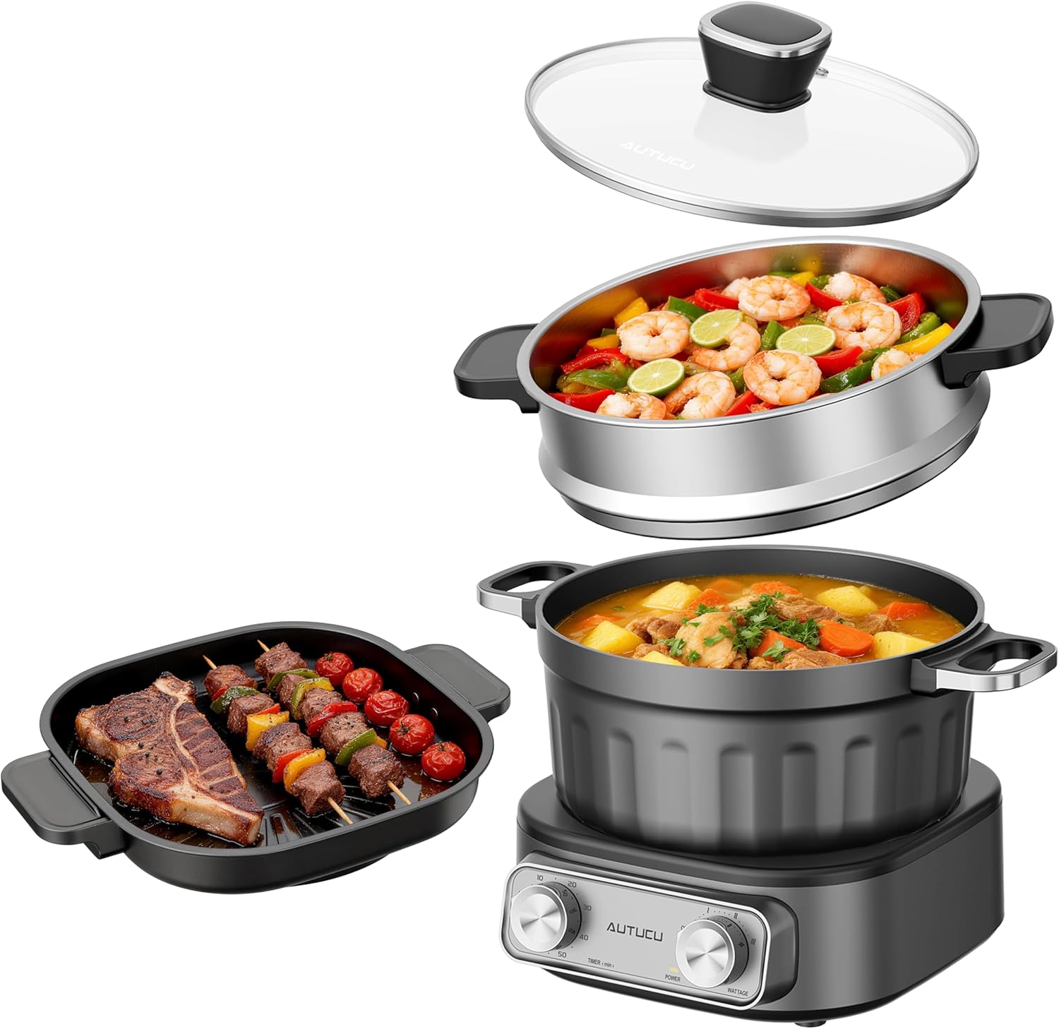 N74SNA Hot Pot Electric, Multi-Cooker 2.5 Quart Grill Steamer Set, PFOA-Free Nonstick for Steak, Soup, Fried Rice, Oatmeal, Egg, Ramen with Power Adjustment