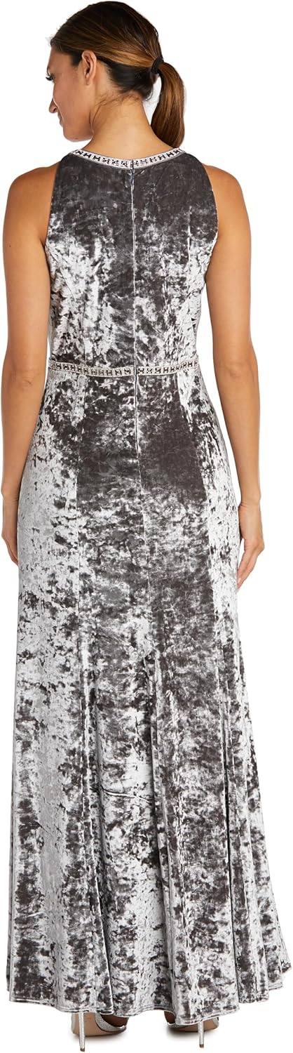 R&M Richards Women's Long Ice Velvet Dress W/Elegant Neck Waist Detail & Slit - Image 3