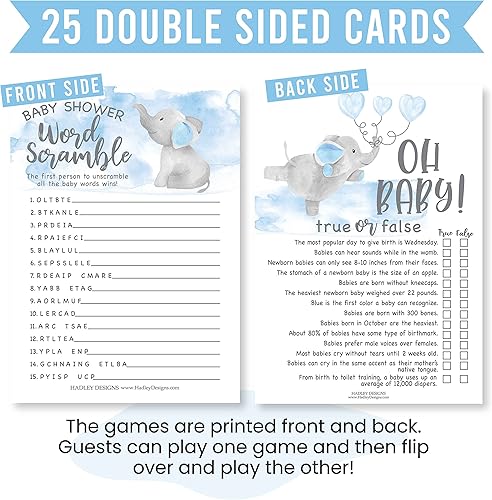 Miniatura 3 de Blue Elephant Baby Shower Juegos para niños  2 juegos de doble cara, 25 palabras para ideas de baby shower, 25 juegos de baby shower, divertidos