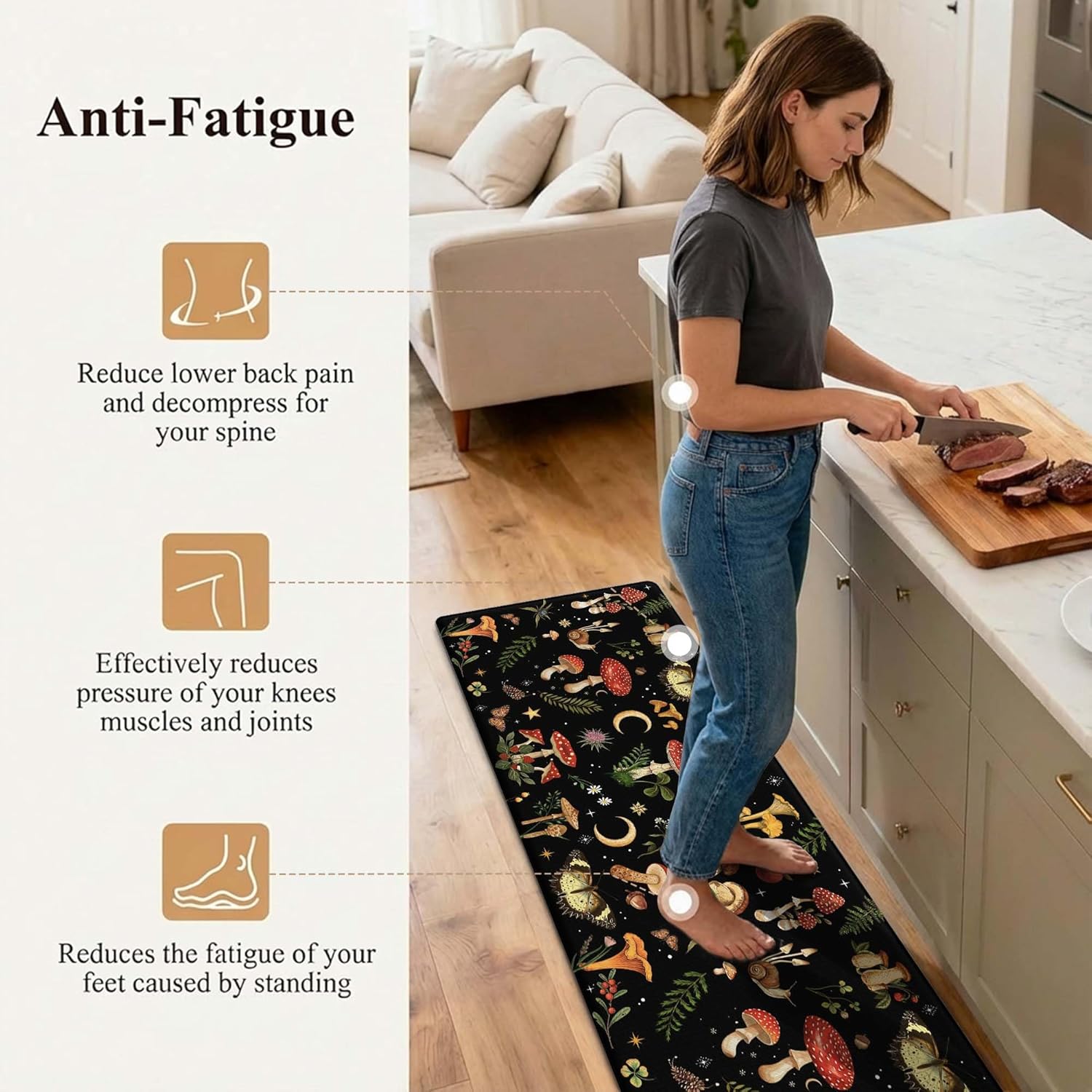 Mushroom Rug Kitchen Mats for Floor Cushioned Anti Fatigue Kitchen Rugs Sets of 2, Non Slip Waterproof Black Kitchen Floor Mat, Comfort Memory Foam Standing Mat for Office Laundry Sink Desk