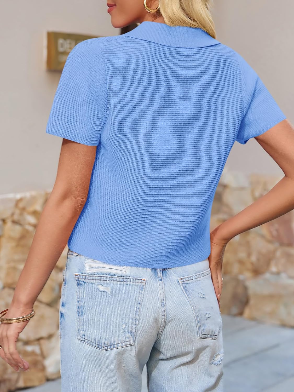 Saodimallsu Womens Short Sleeve Cropped Cardigans Casual Summer Button Down Collared Lightweight Loose Knit Sweater Top Blue - Image 5