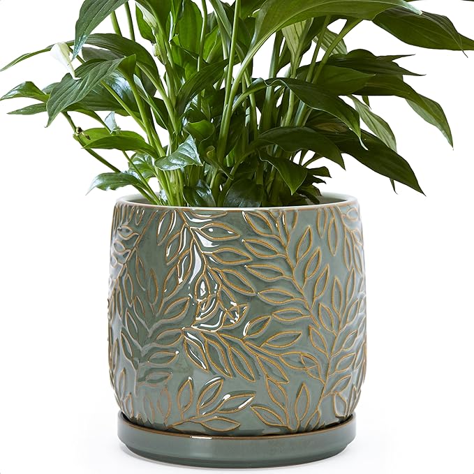 D'vine Dev 6 Inch Embossed Leaves Stoneware Planter Pot with Drainage Hole and Saucer, Olive, 27-A-X-0