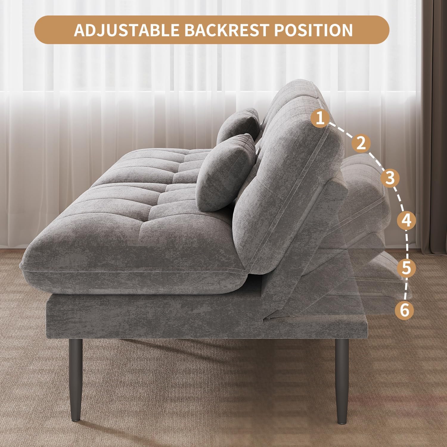 NEDYO 70 inch Convertible Futon Sofa Bed, Velvet Sleeper Sofa with Adjustable Backrest, Thick Fill and Convertible Modules, 4 in 1 Loveseat Couch for Living Room, Grey