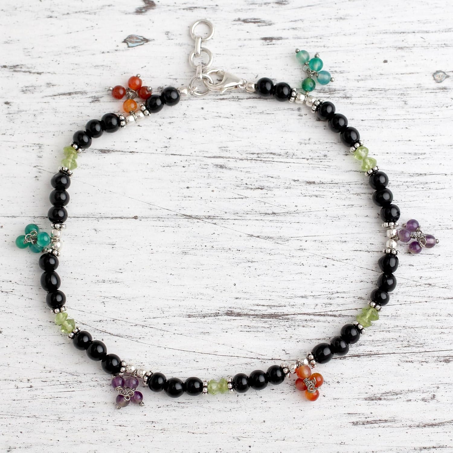 NOVICA Artisan Handmade Onyx Carnelian Anklet Sterling Silver Amber Multigem Amethyst Multicolor Beaded India Birthstone [10 in min L x 10.5 in max L 4 mm W Pendant(s) 0.5 in L x 0.2 in W x 0.2 in D]