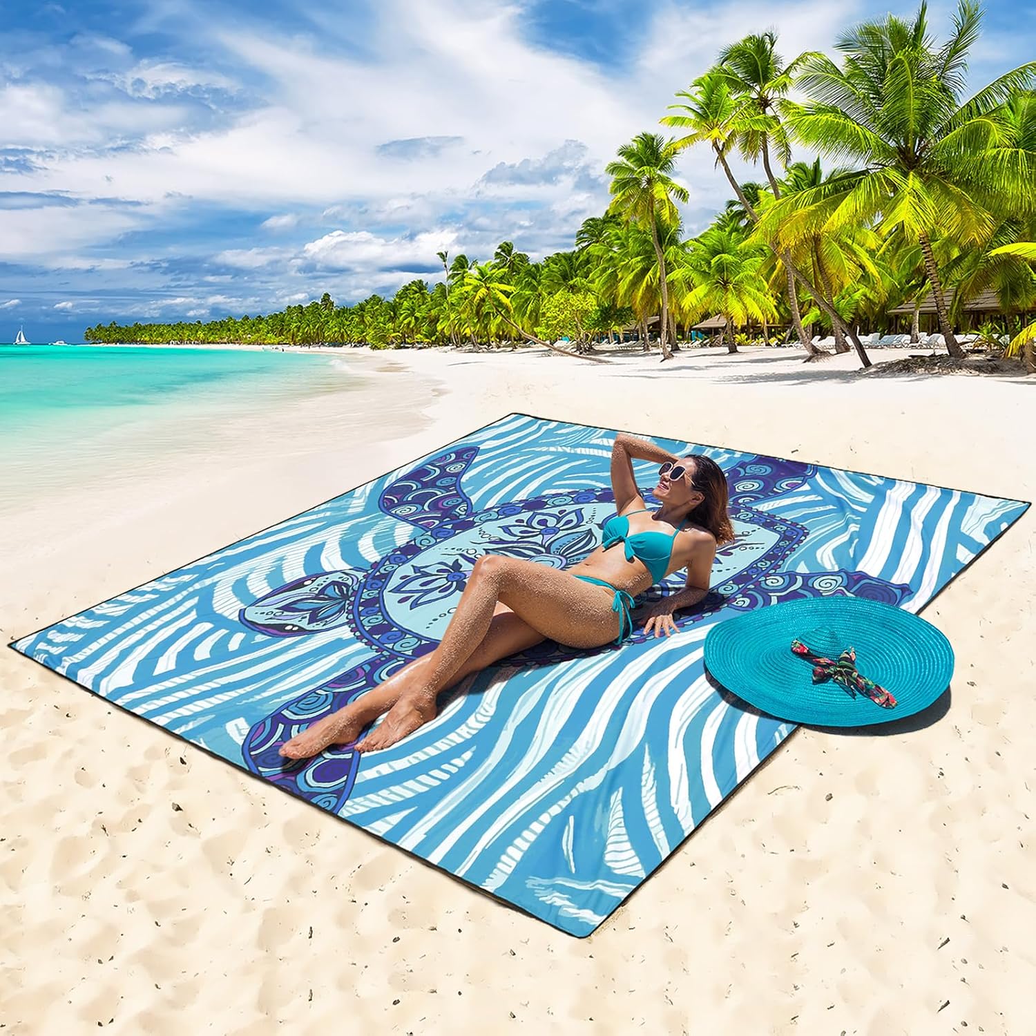WIWIGO Beach Blanket Sandproof Extra Large Beach Mat Adults Waterproof Quick Drying Sand Free Mat Made by Premium Polyester with 4 Stakes & 4 Corner Pockets for Outdoor Travel Camping Hiking