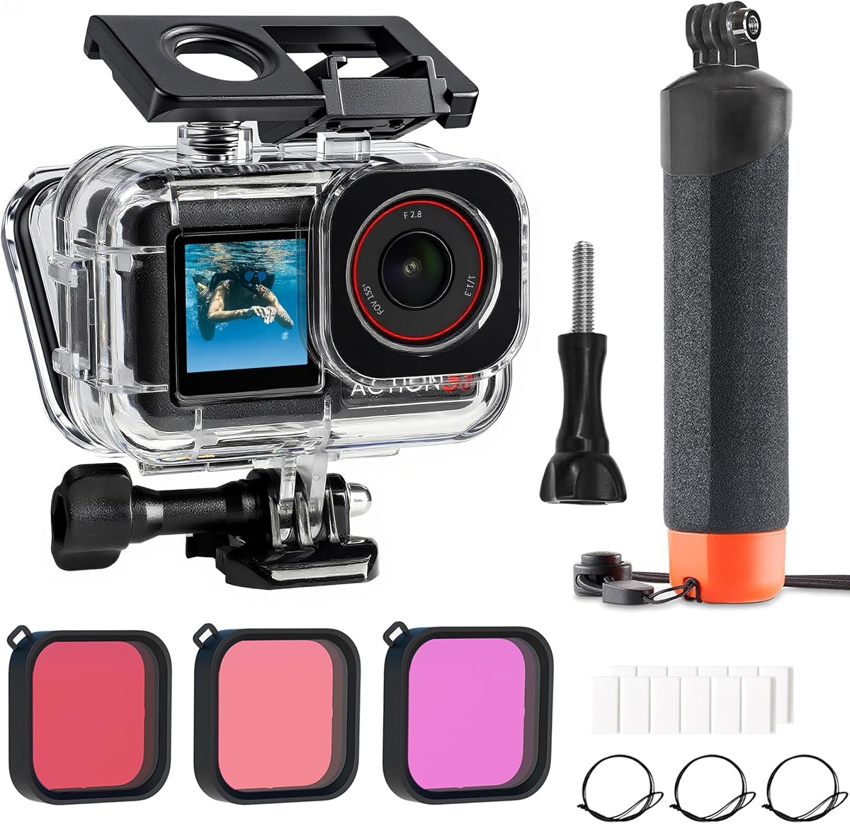 FitStill Kit de filtros de buceo para DJI OSMO Action 5 Pro/4/3 | Carcasa impermeable de 60M/196 pies + mango de flotabilidad + filtro de buceo para disparos subacuáticosAction 5pro/4/3 accesorios protectores
