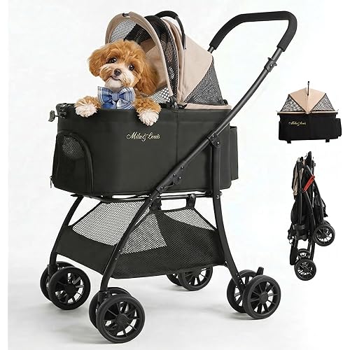 MILA&LOUIS Dog Stroller, 22" Pet Cradle for Small Dog, Pet Stroller with 4 Pu Wheels, 10Lbs Ultra-Light Dog&Cat Stroller for Small Pets, Max 22Lbs Capacity Detachable & Foldable Design with Cup Holder