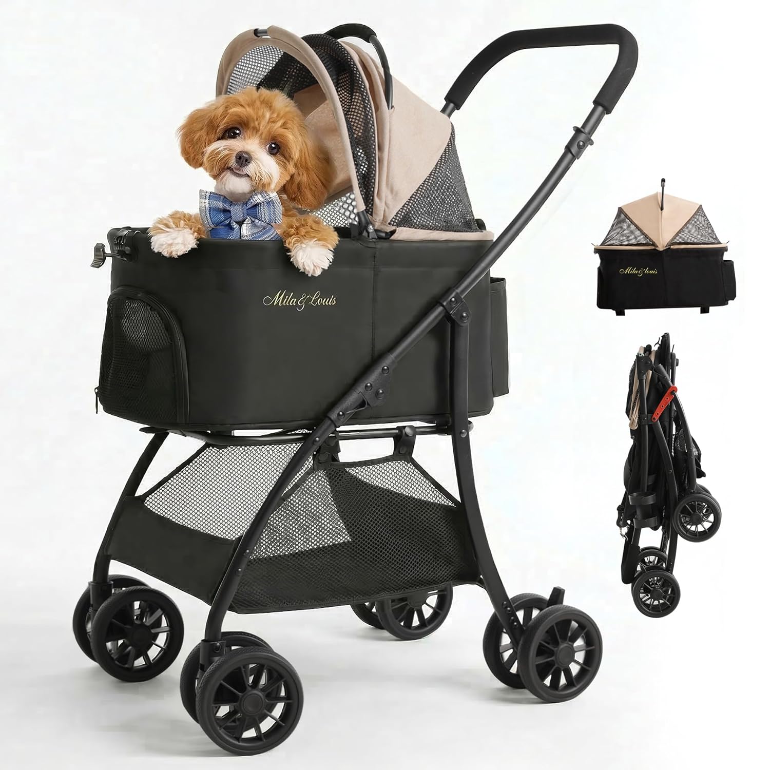 MILA&LOUIS Dog Stroller, 22" Pet Cradle for Small Dog, Pet Stroller with 4 Pu Wheels, 10Lbs Ultra-Light Dog&Cat Stroller for Small Pets, Max 35Lbs Capacity Detachable & Foldable Design with Cup Holder
