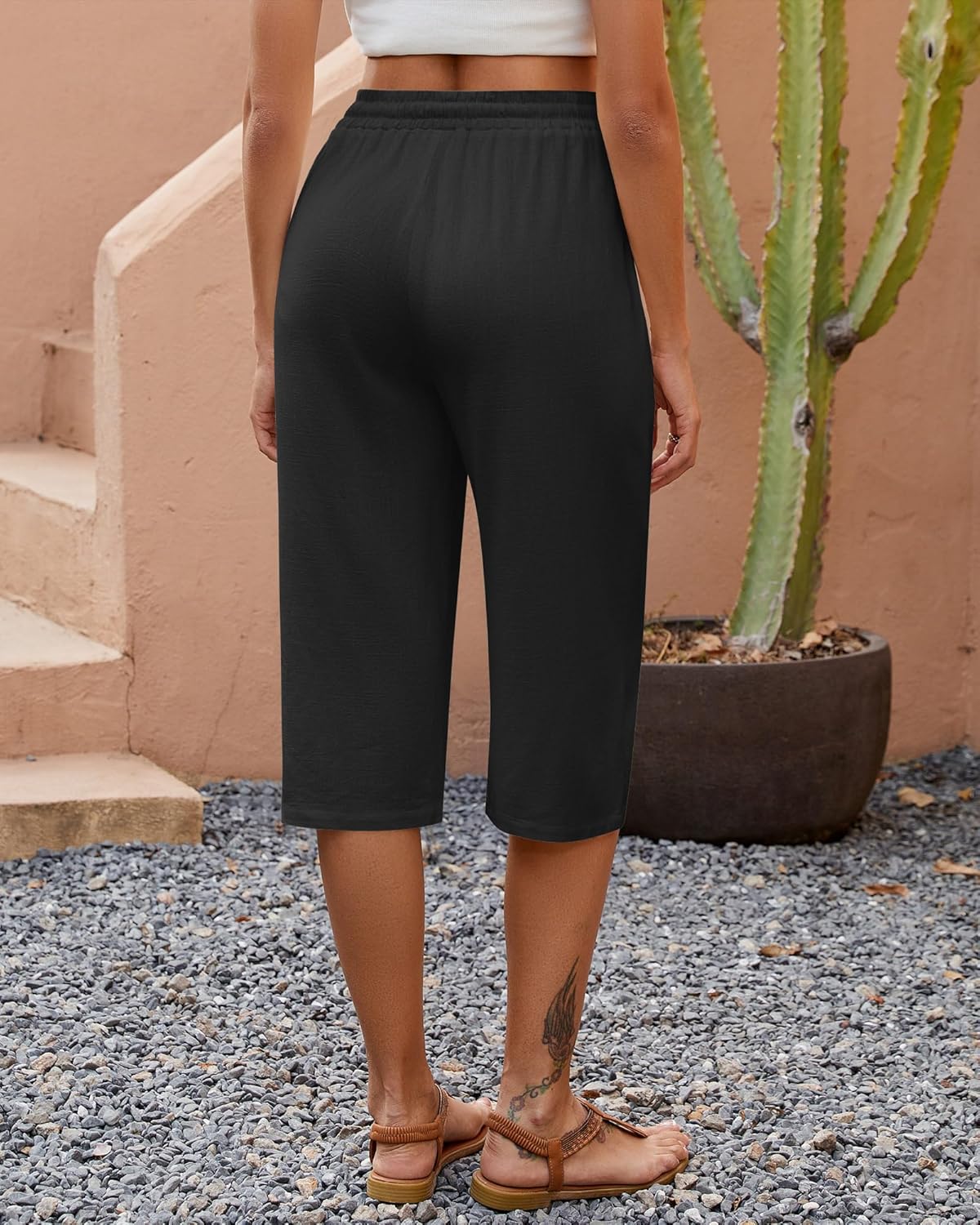 Neer 2 Pack Women's Linen Capris, Summer Drawstring Wide Leg Pants Casual High Waisted Palazzo Trousers with Pockets(Black, Light Grey,X-Large) - Image 3