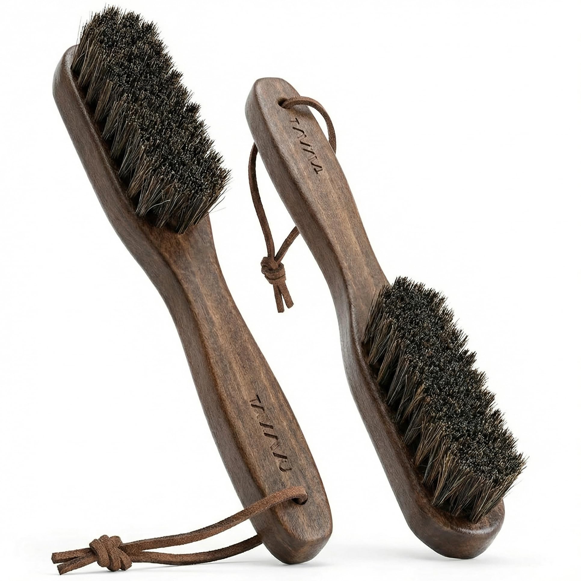 Takavu Juego de 2 cepillos de limpieza pequeños en cerdas naturales de crin de caballo para limpieza de manchas, eficaz para levantar manchas, suciedad y eliminar la suciedad en telas, ropa, alfombras